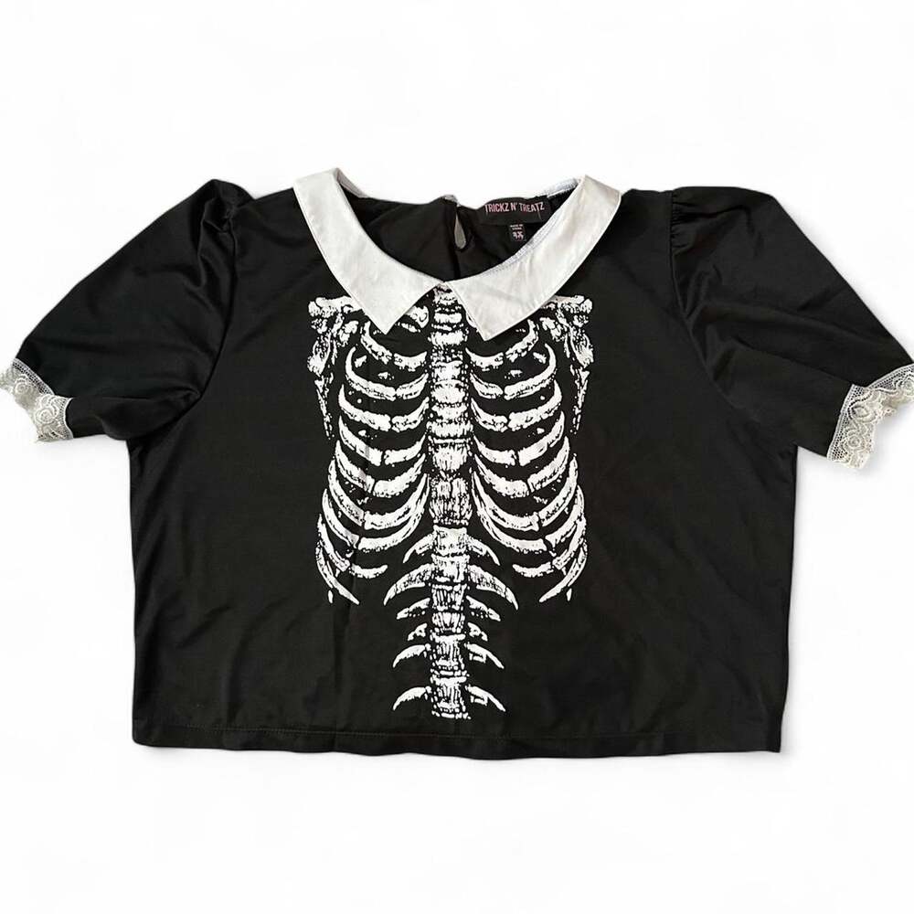 Dolls Kill Black Stretch Peter Pan Collar Lace Skeleton Halloween Top Sash 2X